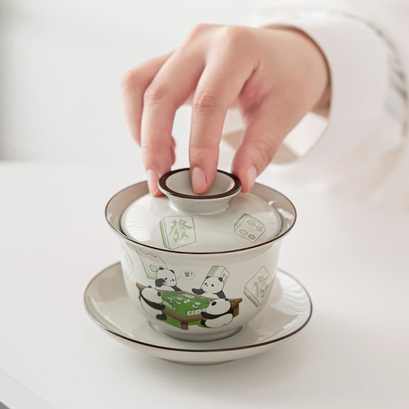 【Teapot】Pandas playing mahjong Covered Tea bowl