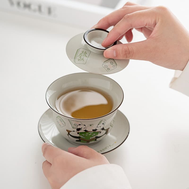 【Teapot】Pandas playing mahjong Covered Tea bowl