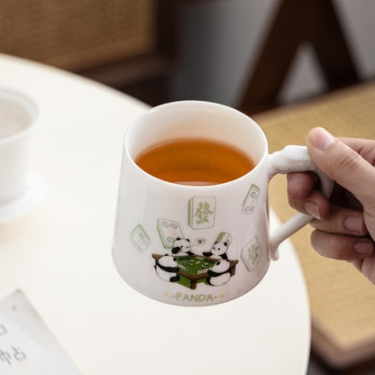 【Tea cup】Pandas playing mahjong Ivory white  Tea cup