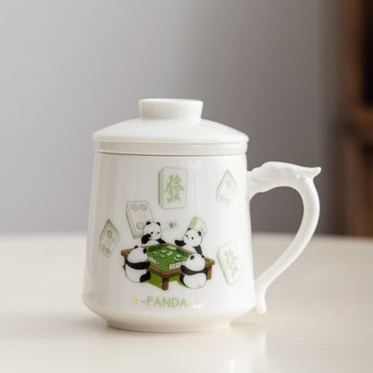 【Tea cup】Pandas playing mahjong Ivory white  Tea cup