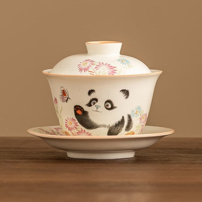 【Teapot】Panda Playing with Butterflies Cream-colored Covered Tea bowl