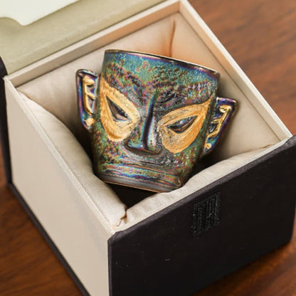 【Tea cup】Gilded teacup with the style of Sanxingdui masks