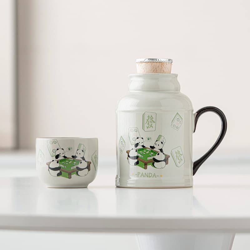 【Teapot】Pandas playing mahjong Ceramic thermos flask