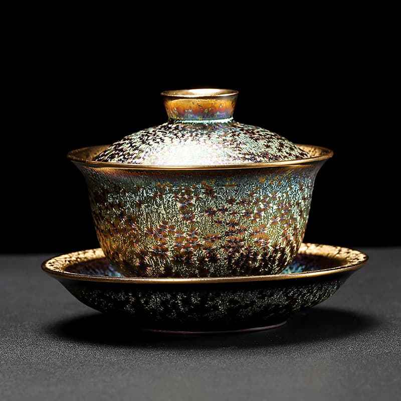 【Teapot】Multi-colored Peacock Gold-plated Jianzhan Covered Tea Bowl