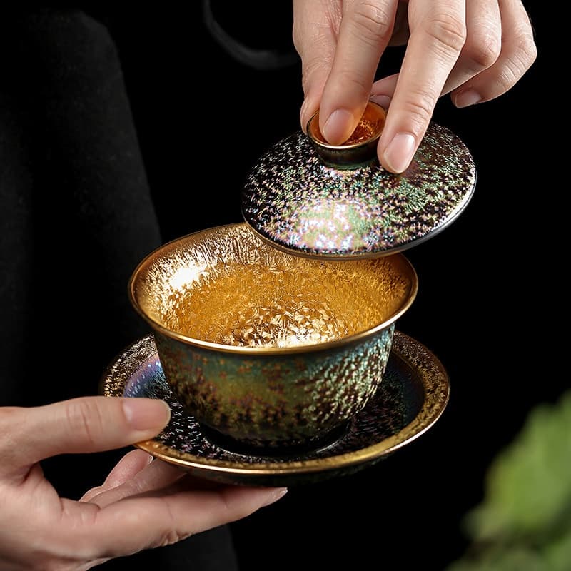 【Teapot】Multi-colored Peacock Gold-plated Jianzhan Covered Tea Bowl