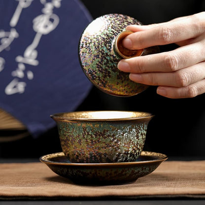 【Teapot】Multi-colored Peacock Gold-plated Jianzhan Covered Tea Bowl