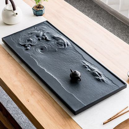 【Tea tray】Water buffalo diving Carving Chinese Ink Black stone Tea tray