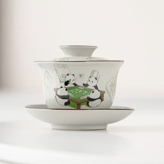 【Teapot】Pandas playing mahjong Covered Tea bowl