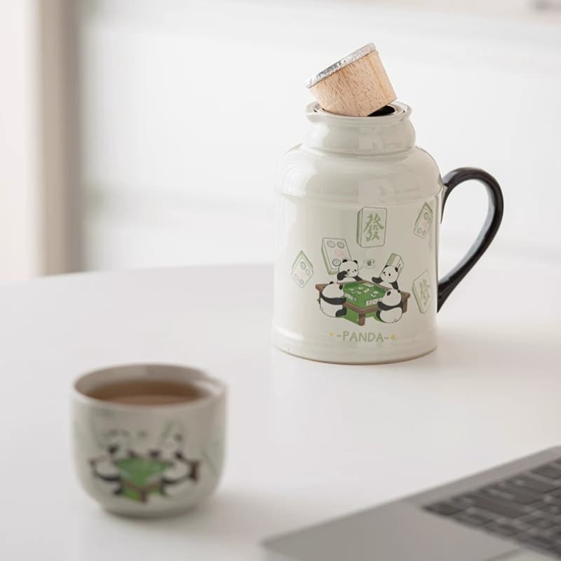 【Teapot】Pandas playing mahjong Ceramic thermos flask