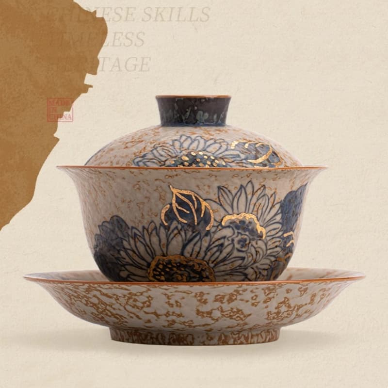 【Teapot】Hand-painted sunflower Covered Tea Bowl