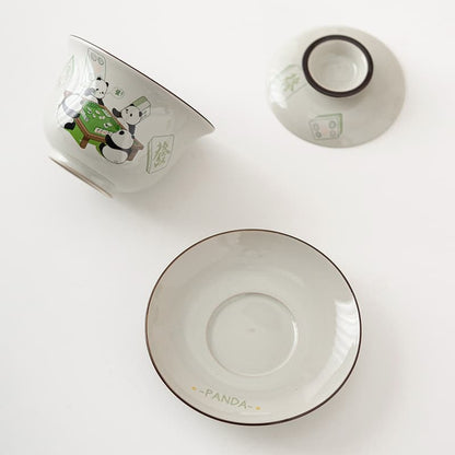 【Teapot】Pandas playing mahjong Covered Tea bowl