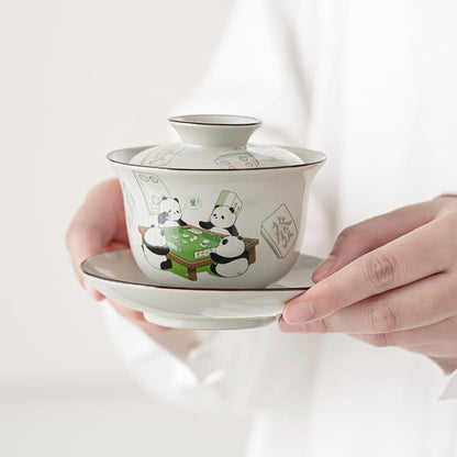 【Teapot】Pandas playing mahjong Covered Tea bowl