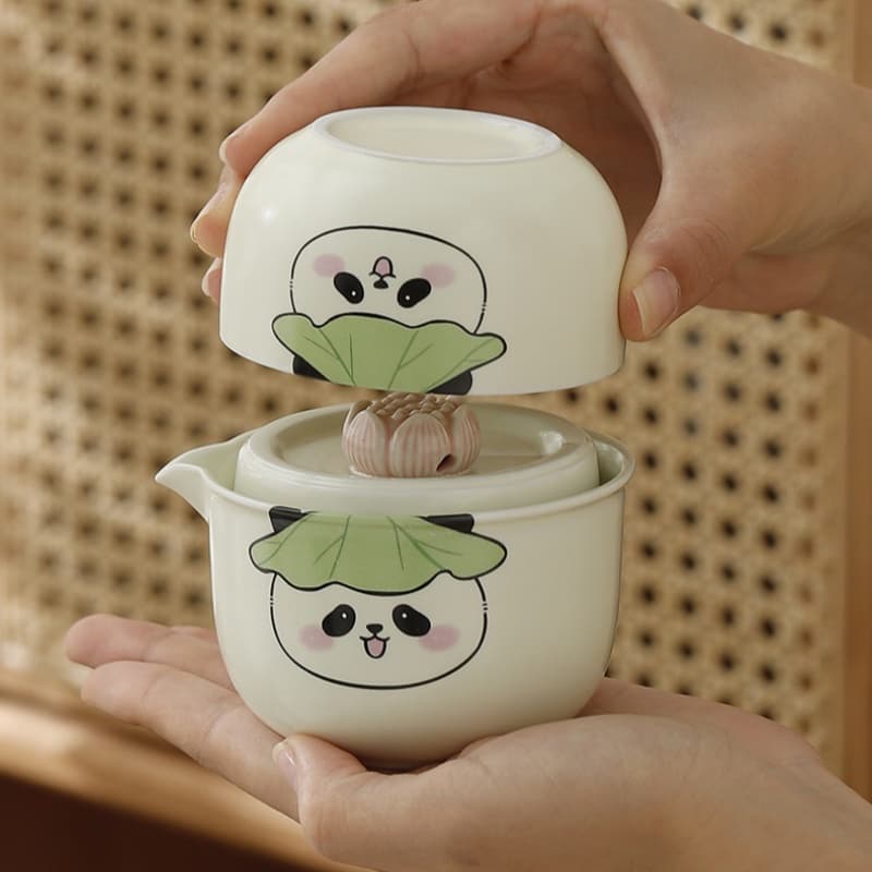 【Travel Tea Set】Lotus leaf hat panda  Quick Cup