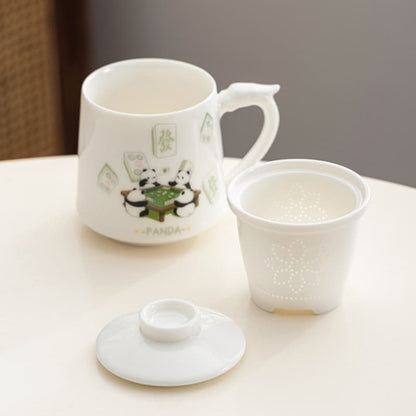 【Tea cup】Pandas playing mahjong Ivory white  Tea cup